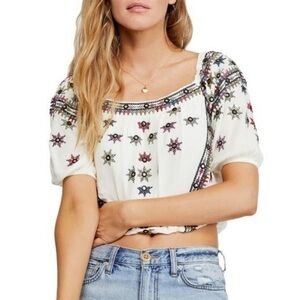 Free People Aurora Embroidery Crop Square Neck Top